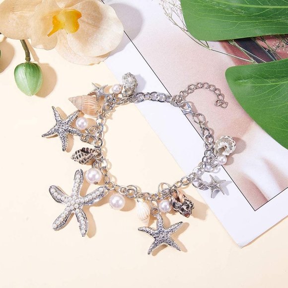 New Starfish Shell Anklet Bracelets Conch Starfish Faux Pearl Anklet Bra… - Picture 4 of 7